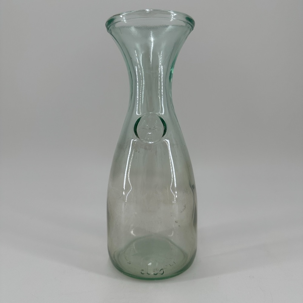 Vintage Italy Pale Green Glass Carafe with Embossed Medallion Mid-Century 8.5"